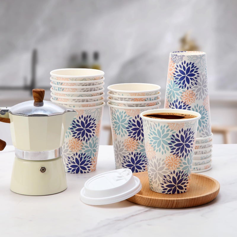 Tamone 100 PACK 12OZ Disposable Coffee Cups with Lids, To Go Coffee Cups with Lids Leak Proof, White and Blue Paper Cups Flower Design for Cold/Hot Coffee Beverage Chocolate Cocoa for Home Office - Image 5